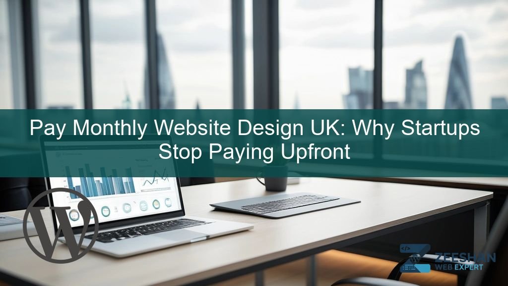 pay monthly website design uk - A startup founder reviewing a modern business website on a laptop in a bright London office.