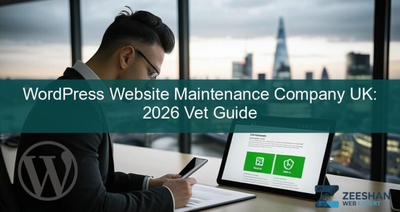 wordpress website maintenance company — UK business owner reviewing a website health report on a tablet