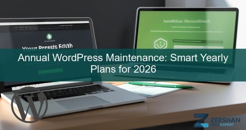 annual wordpress maintenance — a professional calendar showing scheduled website health checks next to a laptop