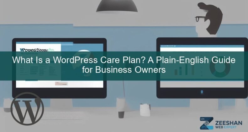 what is a wordpress care plan - a business owner reviewing a WordPress dashboard on a laptop
