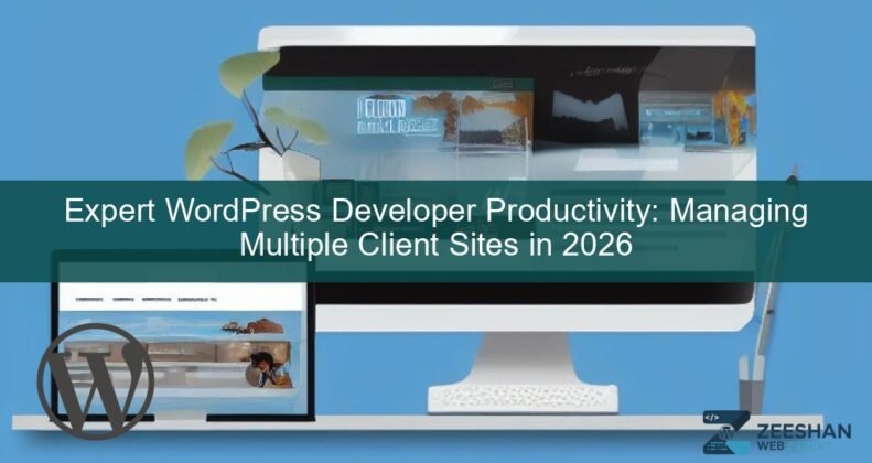 WordPress developer managing multiple client sites on a desktop